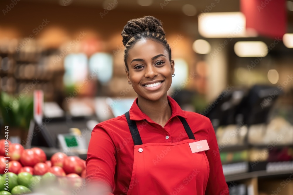 Smiling young female supermarket worker looking at the camera. Generative AI Smiling young female supermarket worker looking at the camera. Generative AI