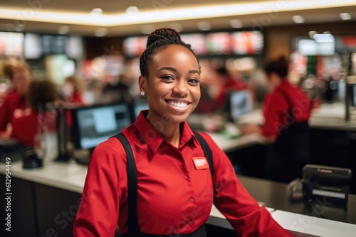 Smiling young female supermarket worker looking at the camera. Generative AI
