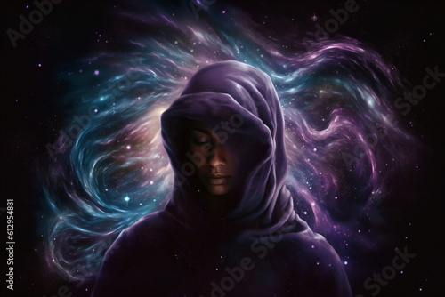 woman in purple robe with hood in front of glowing lines and stars created with Generative AI technology