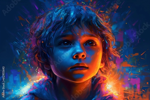 illustration of a little boy looking to the sky created with Generative AI technology