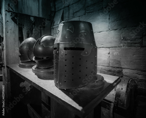 Medieval helmets in black and white.
