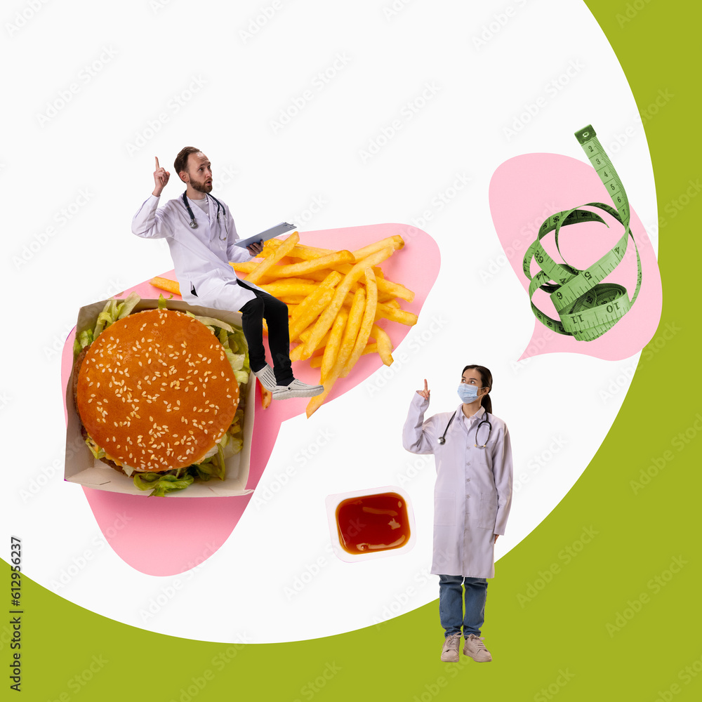 Doctors raising finger, expressing worrying about eating junk food