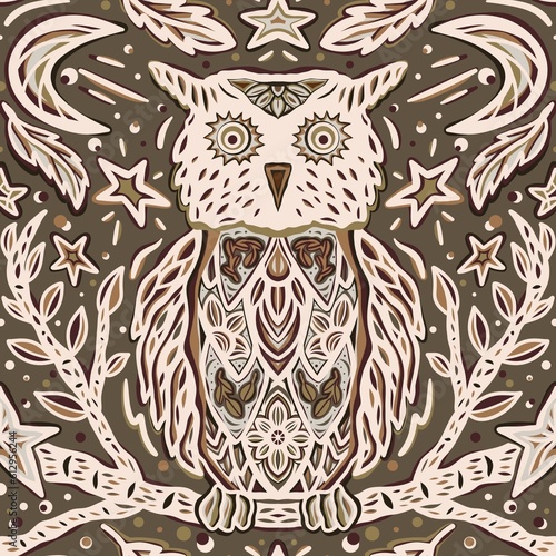 Night owl bird with an ornament, stars and moon. Hand-drawn Seamless pattern in shades of brown and earthy tones. Design for prints, postcards, fabric, textile