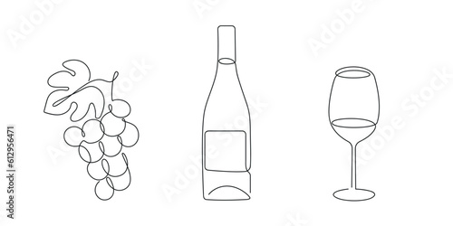 Wine set(grape, bottle, wine glass) drawn in one continuous line. One line drawing, minimalism. Vector illustration.