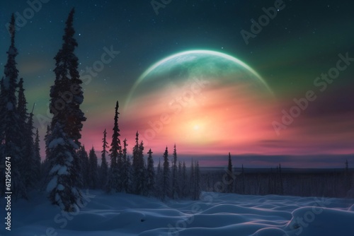 outline of the moon in the sky above a snowy forest created with Generative AI technology