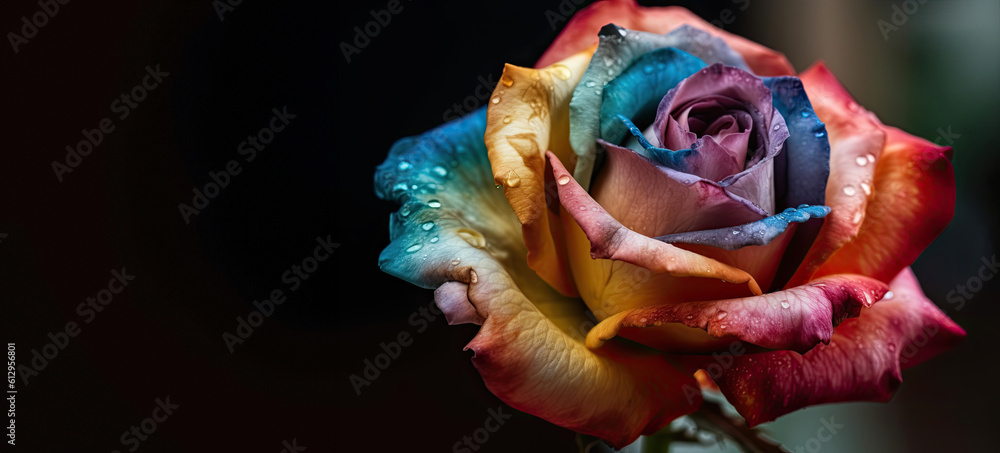 Perfect beautiful colorful bright rainbow pride peace rose on dark background.generative ai.