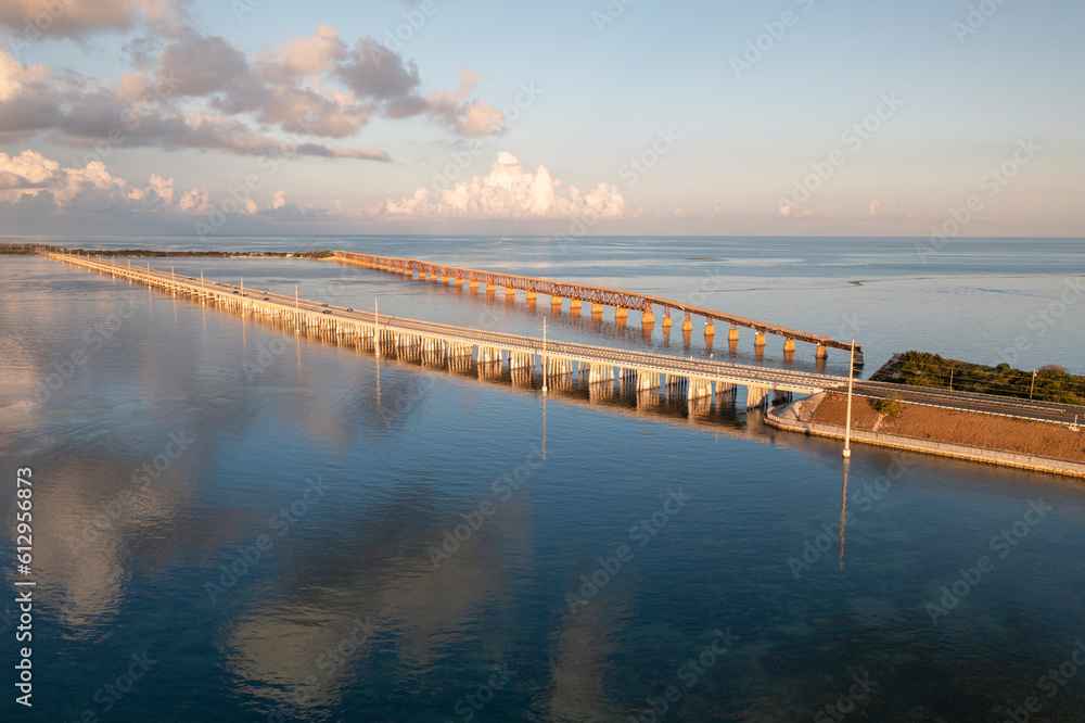 Aerial view of Florida Key Bahia Honda Bridge along Overseas Highway during golden hour sunset Aerial view of Florida Key Bahia Honda Bridge along Overseas Highway during golden hour sunset
