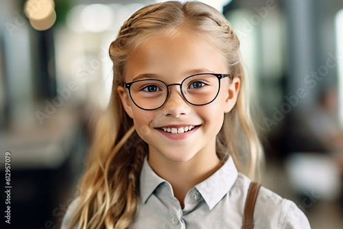 Young trendy beautiful school girl smiling, wearing round metal glasses. Studying in internet from home with laptop, she is in a prestigious elementary school. Luxury background. AI generative