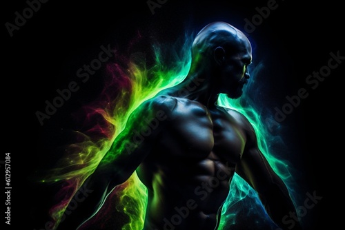 a magical glow surrounds the muscular body of a bald man created with Generative AI technology