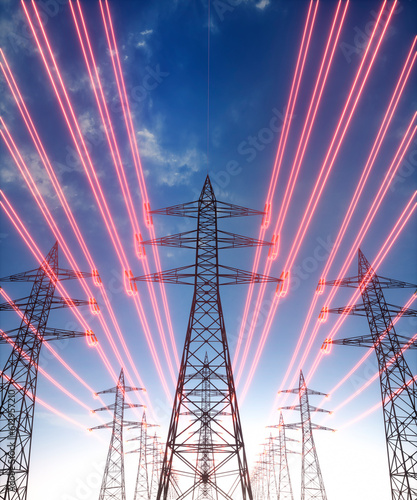 High voltage transmission towers with green glowing wires against blue sky - Green energy concept - 3D illustration