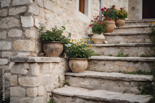 Outdoor stone stairs with plants in flower pots. Generative AI.
