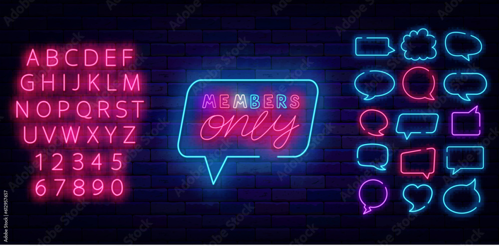 Members only neon label. Premium access. Think cloud frames set. Shiny phrase. Vector stock illustration Members only neon label. Premium access. Think cloud frames set. Shiny phrase. Vector stock illustration