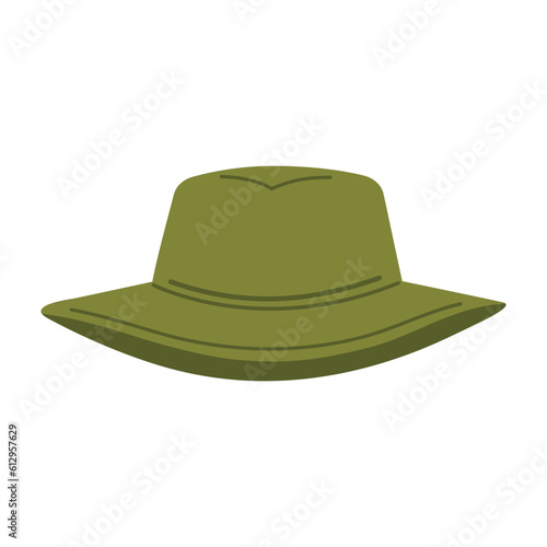 Fisher hat. Khaki panama, cartoony flat headwear for hunting, fishing and camping.Protective clothing for outdoor hobbies, simple design.Isolated. Vector illustration