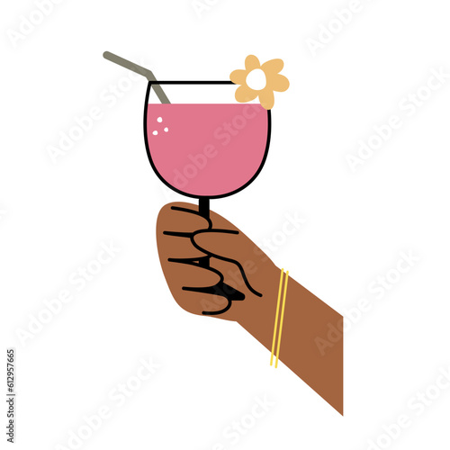 Hand holds cocktail clinking glass.Cheers toast, festive hand drawn alcohol drink decoration for holidays,romantic Valentine's Day design. Isolated.Vector illustration