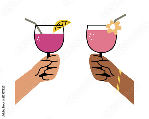 Hands hold cocktail clinking glass.Cheers toast, festive hand drawn alcohol drink decoration for holidays,romantic Valentine's Day design. Isolated.Vector illustration