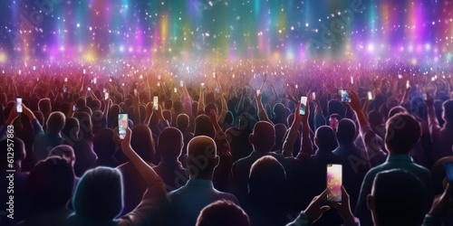A  group of individuals holding hands and raising their cellphones at a live event  concert  or party.. Generative Ai.