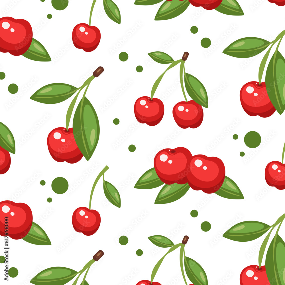 Seamless cherry pattern. Hand drawn vector illustration for summer romantic cover, tropical wallpaper, vintage texture Seamless cherry pattern. Hand drawn vector illustration for summer romantic cover, tropical wallpaper, vintage texture
