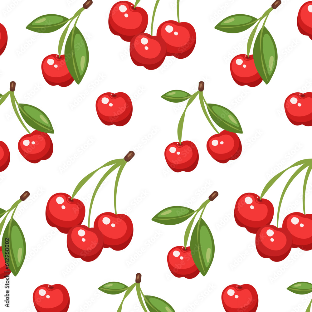 Seamless cherry pattern. Hand drawn vector illustration for summer romantic cover, tropical wallpaper, vintage texture Seamless cherry pattern. Hand drawn vector illustration for summer romantic cover, tropical wallpaper, vintage texture