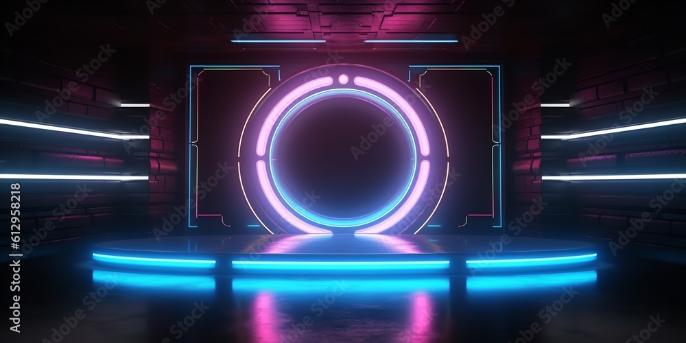 Dark room decorated in a sci-fi style with vibrant lighting. Generative Ai.