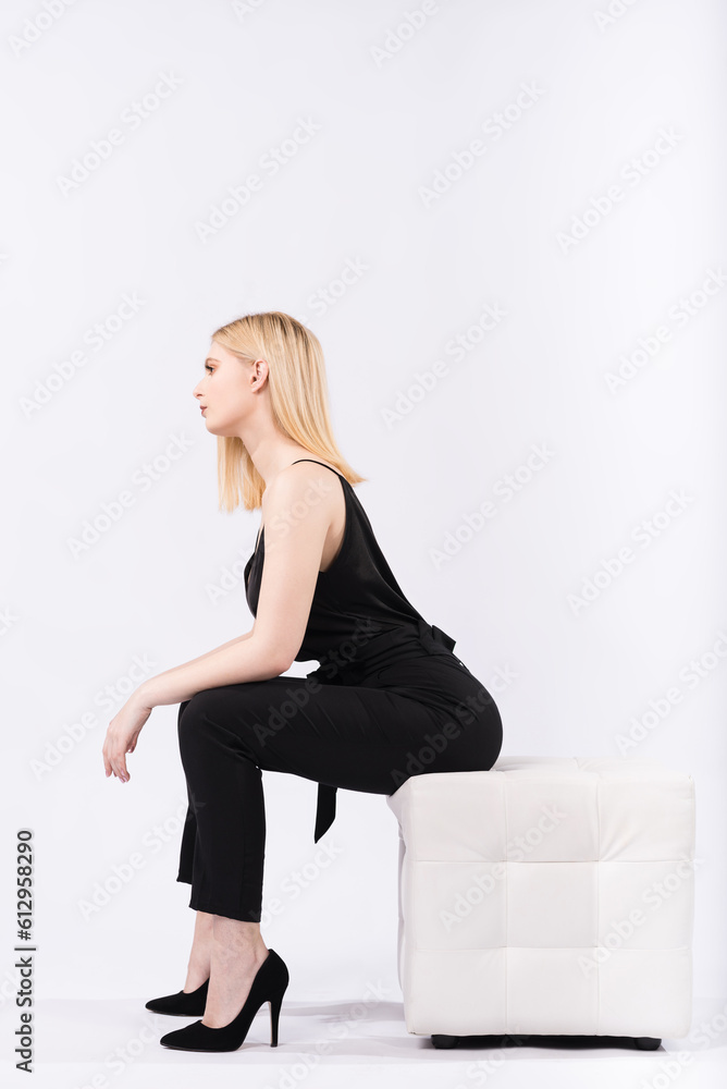 Portrait of a young and elegant girl sitting on a pouf on a white background. Portrait of a young and elegant girl sitting on a pouf on a white background.