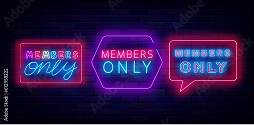 Members only neon signs collection. Premium access. Shiny phrase. Light quotes set. Vector stock illustration