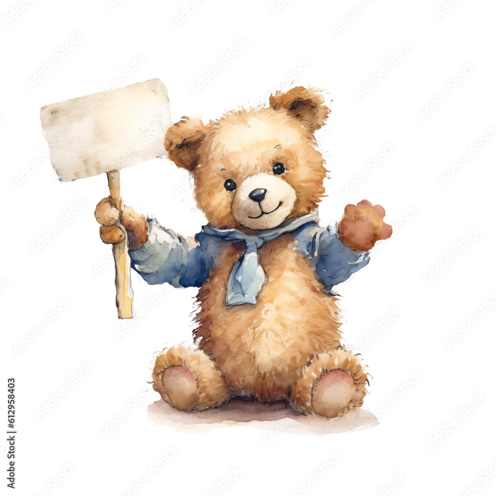 cute teddy bear holding a blank sign in watercolor design isolated on ...