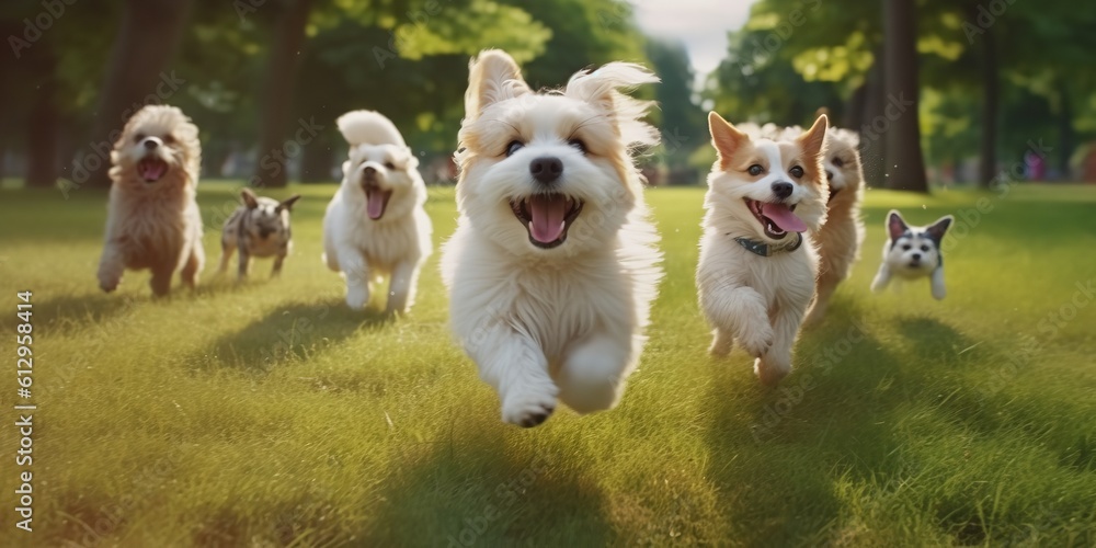 Group of adorable dogs playing and running about on a park's lush grass. Generative Ai.