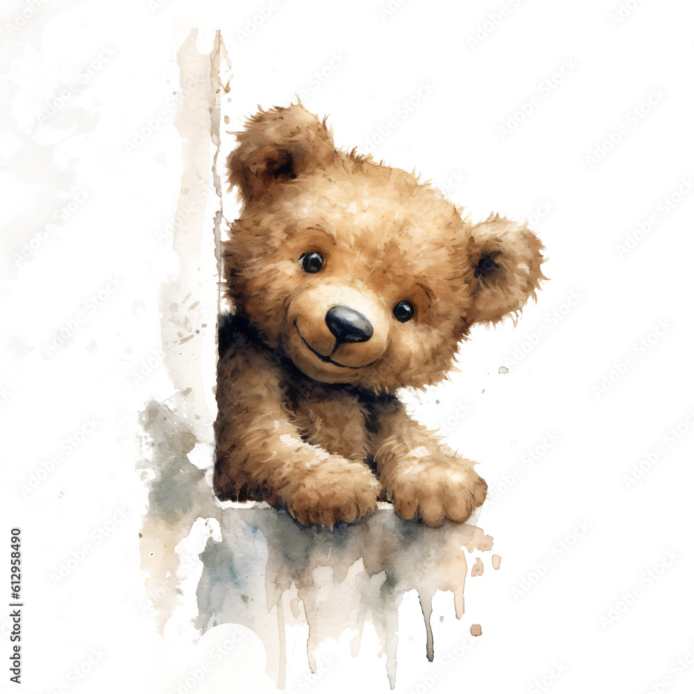 Fototapeta portrait of a  teddy bear looking happy around a edge of a corner in watercolor design isolated on transparent background
