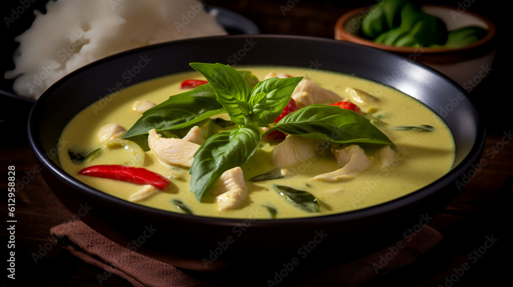 Embark on a culinary journey with our delectable plate of Green Curry, a traditional Thai delight.