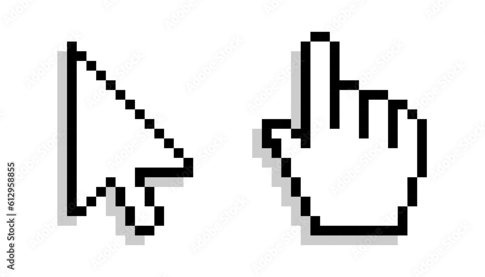 Pixel mouse cursor and hand pointer with shadow icon set. Clipart image isolated on white background Pixel mouse cursor and hand pointer with shadow icon set. Clipart image isolated on white background