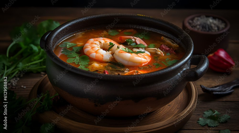 Indulge in the mouthwatering bowl of Tom Yum soup, a spicy and tangy Thai delicacy that tantalizes your taste buds. Packed with plump shrimp