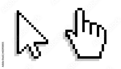 Pixel mouse cursor and hand pointer with shadow icon set. Clipart image isolated on white background