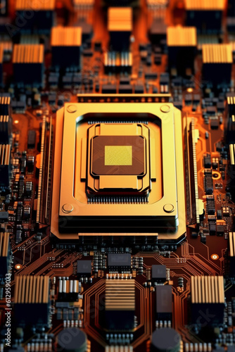 3D rendering of cyberpunk AI. Circuit board. Technological background. Mainframe computer processor CPU and GPU concept. Motherboard digital chip.