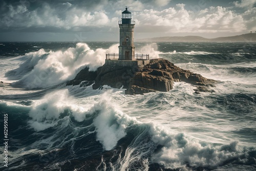 small lighthouse on a rock surrounded by the rushing waves of the sea created with Generative AI technology