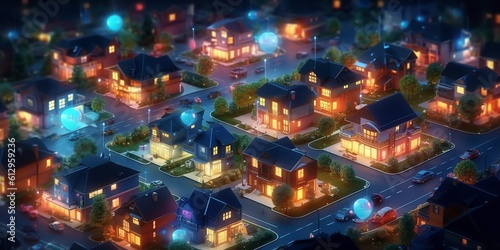 Smart houses  as well as the digital community. Concept of DX  IoT  and digital networks in society. data exchanges at night in suburban homes. Generative Ai.