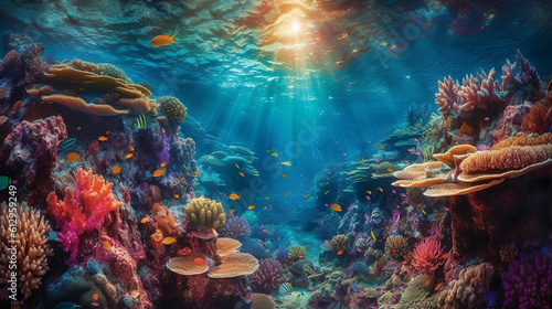 Dive into the mesmerizing depths of the ocean with this extraordinary underwater photograph. Behold the vibrant coral garden  a captivating display of intricate shapes and brilliant colors.