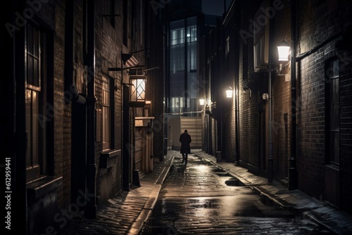 man in black coat walks through a sparsely lit alleyway created with Generative AI technology