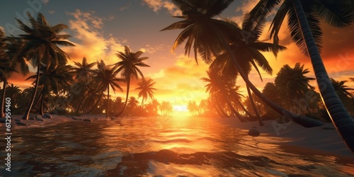 Sunset on a lovely beach with coconut trees. Generative Ai. © MinixT