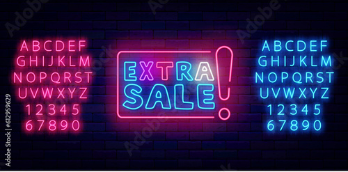Extra Sale neon signboard Glowing pink and blue alphabet. Special offer emblem. Vector stock illustration