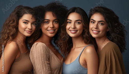 Beautiful smiling hispanic young women posing for a studio portrait looking at the camera. Generative AI