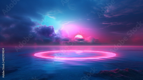Luminous Oasis: Neon Circle in Water with Pink and Blue Clouds, Generative AI © Adolfo Perez Design