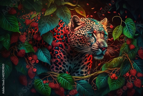 illustration of a leopard surrounded by raspberry bushes created with Generative AI technology