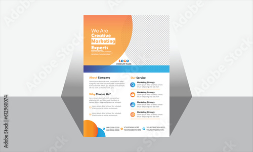 A colorful corporate flayer design for business. With a place to give image. And with the mixture of orange gradient color and blue gradient color.