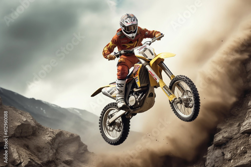 Mountain conqueror  MX rider s daring stunts amidst rugged terrain. Generative AI