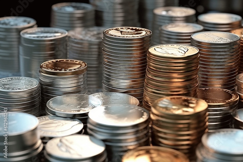 Silver coins and financial markets: A stack of coins combines with a trading chart, representing the dynamic nature of financial markets. Generative AI
