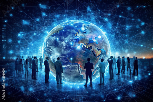 Technological nexus  Virtual world unites global business icons. Generative AI