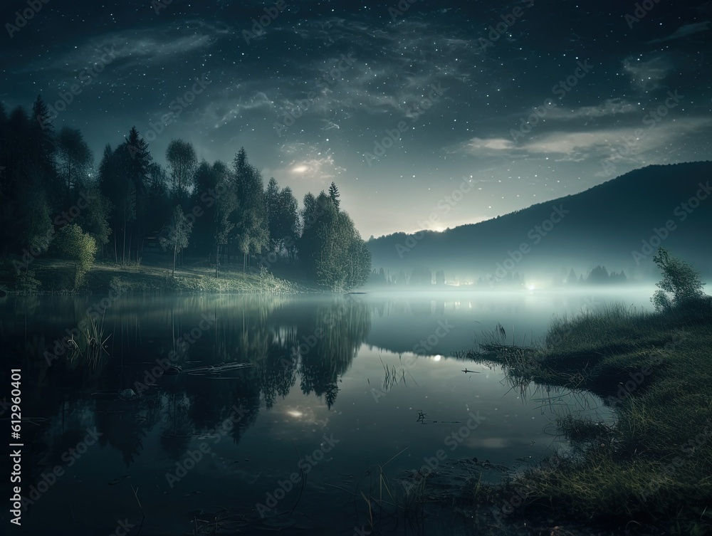 Dreamy landscape of lake at night created with Generative AI technology.