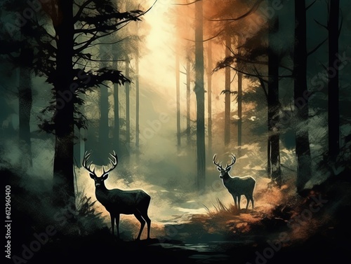 Deer silhouettes in a misty forest created with Generative AI technology.