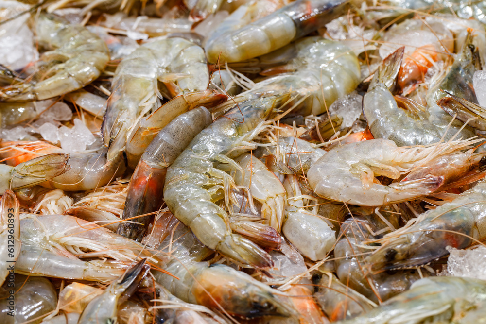Shrimp raw in bulk on ice at fish market, selective focus