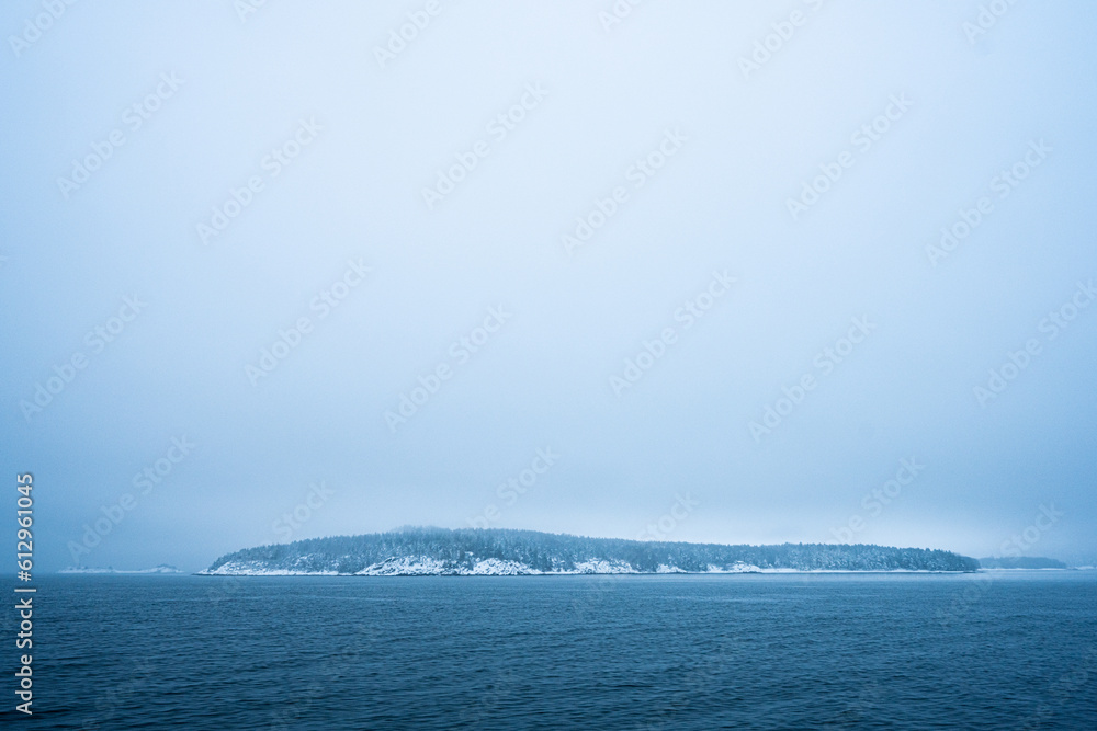 Snowy island in overcast weather in winter.